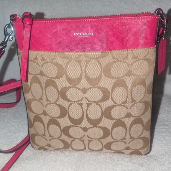 Coach Handbags - Coach North  South Swing Pack Fuchsia and Beige Crossbody Bag